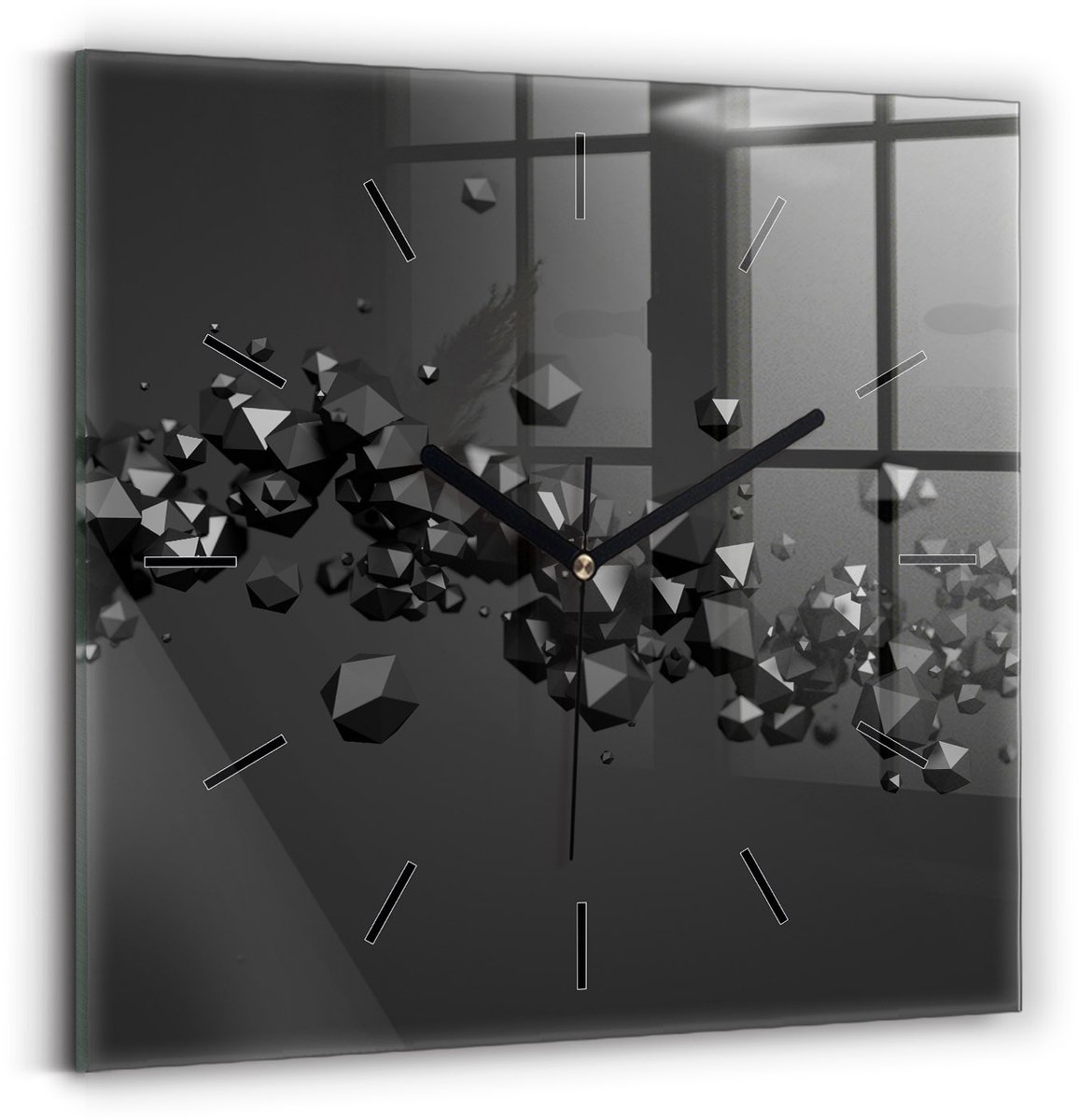 Wallfluent Wandklok - Zwarte abstractie Klok als Muurdecoratie - 30 cm x 30 cm - Zwart Wandklok - Zwarte Handen - Wandklok Zonder Cijfers - Wandklok voor in de Keuken - Vierkante Glas Klok - Minimalistisch Wandklok - Decoratieve Wandklok