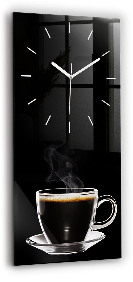 Wallfluent Wandklok - Zwarte koffie Stijlvolle Klok - 30 cm x 60 cm - Zwart Wandklok - Witte Handen - Wandklok Zonder Cijfers - Wandklok voor in de Keuken - Rechthoekige Glas Klok - Scandinavisch Wandklok - Klok met Print