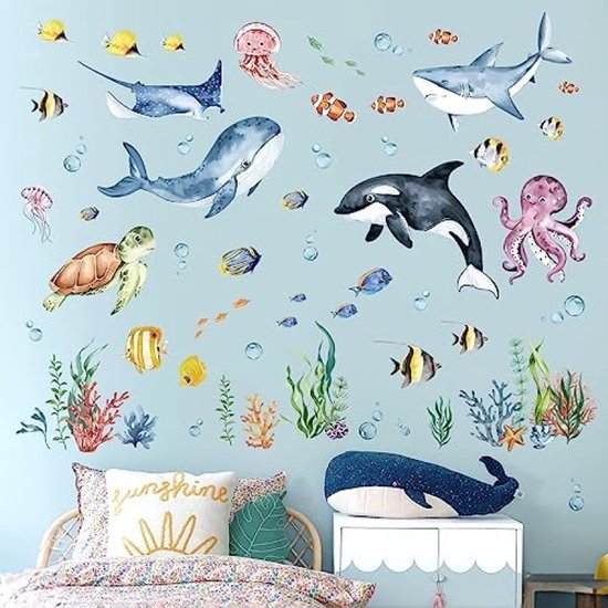 PromoHome Set Muursticker Monde sous-marin - Décoration Animaux aquatiques aquarelle avec dauphins, tortues de mer et Pêche pour Chambre de bébé , chambre d'enfant et salle de bain - 8 feuilles de Décoration murale DIY