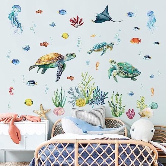 PromoHome Set Muursticker Tortue de mer Monde sous-marin - Décoration sur le Thema de l'océan avec Pêche et Algues pour Chambre de bébé, chambre d'enfant et salle de bain - Décoration murale autocollante amovible