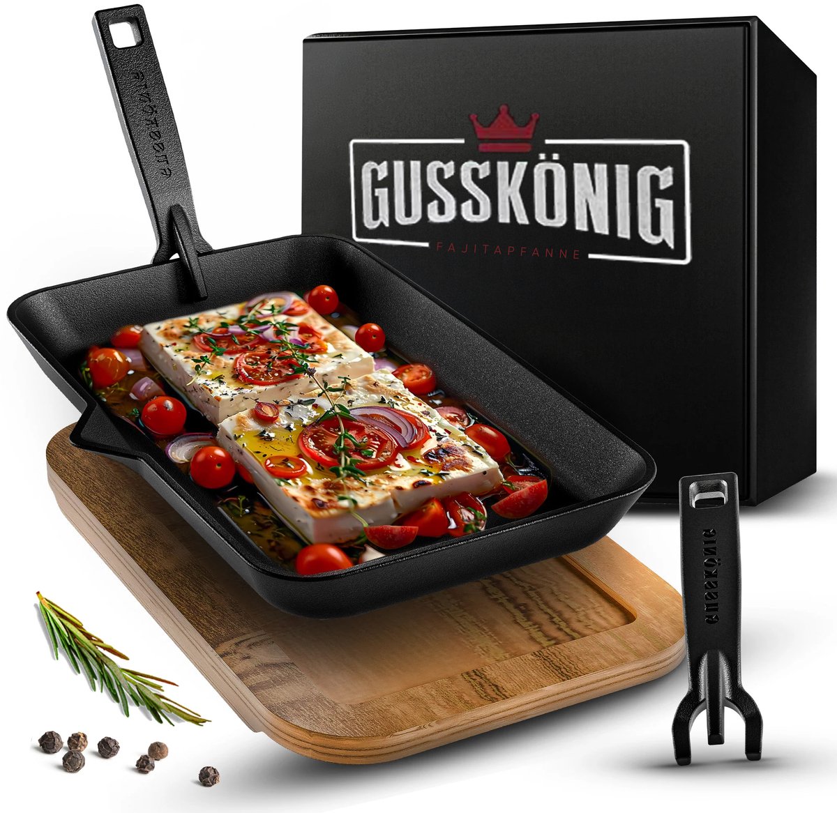 GUSSKÖNIG Gietijzeren fajita-pan met afneembare handgreep, sausbakje en serveerbord