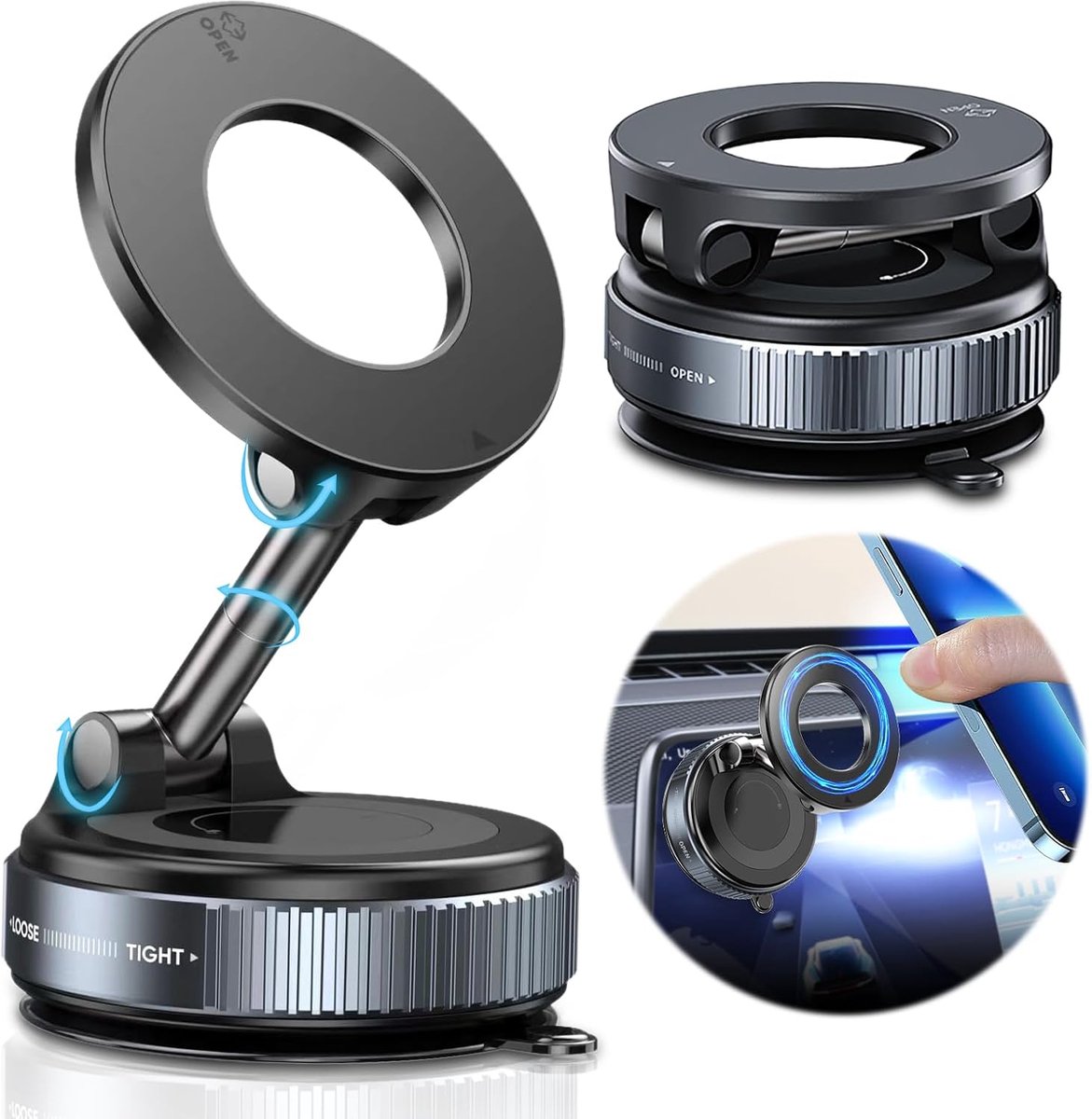 360° magnetische zuignap telefoonhouder- opvouwbaar en verstelbaar- compatibel met alle MagSafe-telefoons. Universele draaibare autohouder- spiegelend- glad oppervlak.