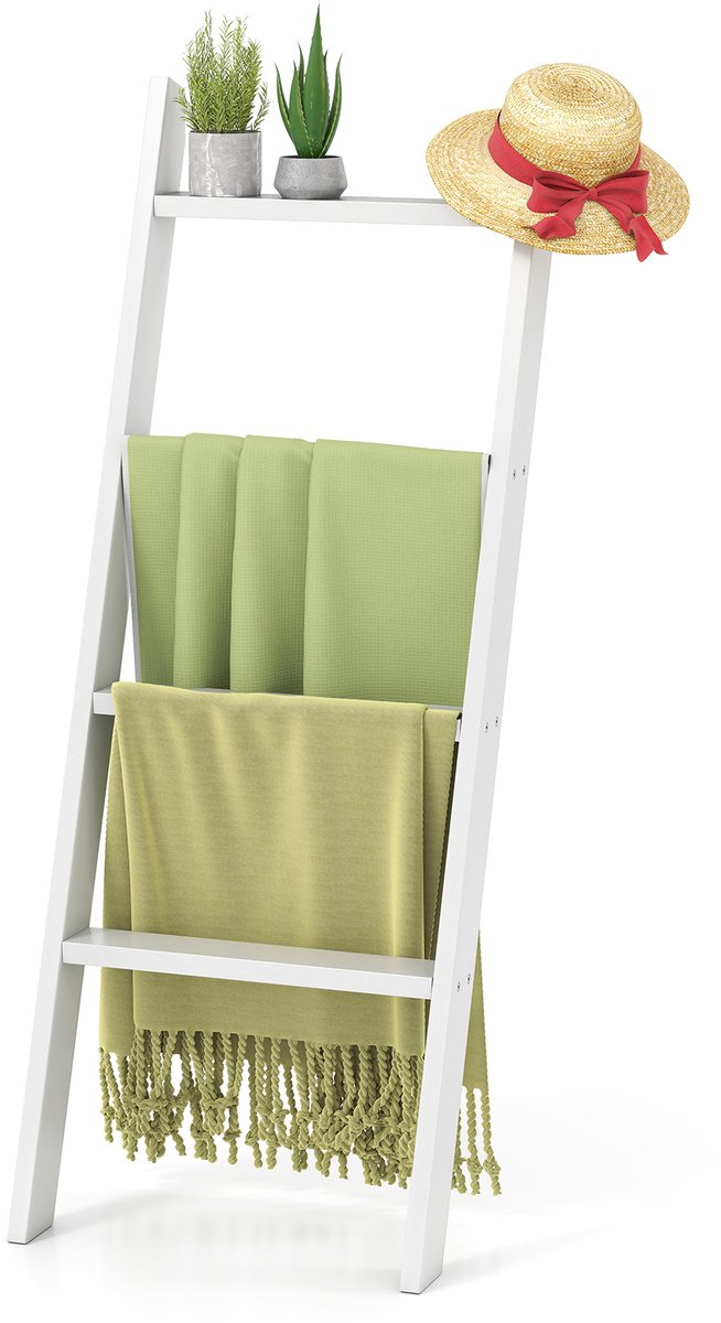COSTWAY Handdoekenrek met plafondhouder, 4-traps handdoekstandaard, wandmontage, ladderrek, belastbaar tot 50 kg per trede, voor badkamer, slaapkamer, 128 cm, wit