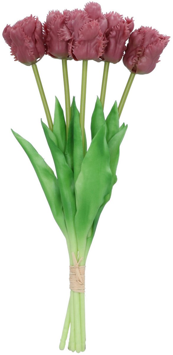 DK design Kunst tulpen boeket - 5x stuks - aubergine paars - real touch - 39 cm - levensechte kunstbloemen