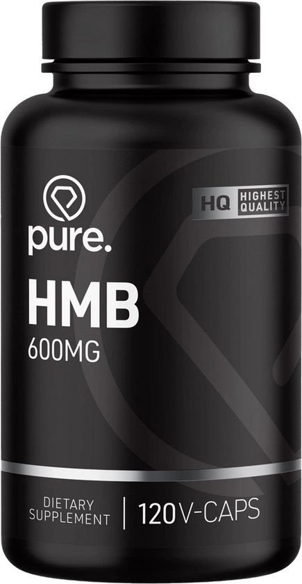 Zwarte pot met 'pure. HMB 600MG' en '120V-CAPS' in witte letters. Hoogste kwaliteit.