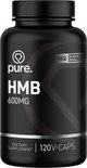 Zwarte pot met 'pure. HMB 600MG' en '120V-CAPS' in witte letters. Hoogste kwaliteit.