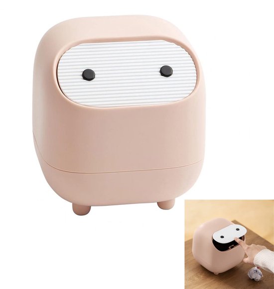 Mini-prullenbak met deksel - Leuke prullenbak voor op het bureau - Kleine prullenbak - Heeft pootjes aan de onderkant - Gemakkelijk te gebruiken - Perfect voor op het badkamermeubel, bureau, kantoor of salontafel - Roze