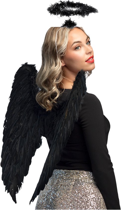 Engel/duivel verkleed set vleugels en halo diadeem - zwart - verkleed vleugels 65 cm - Halloween - Carnaval