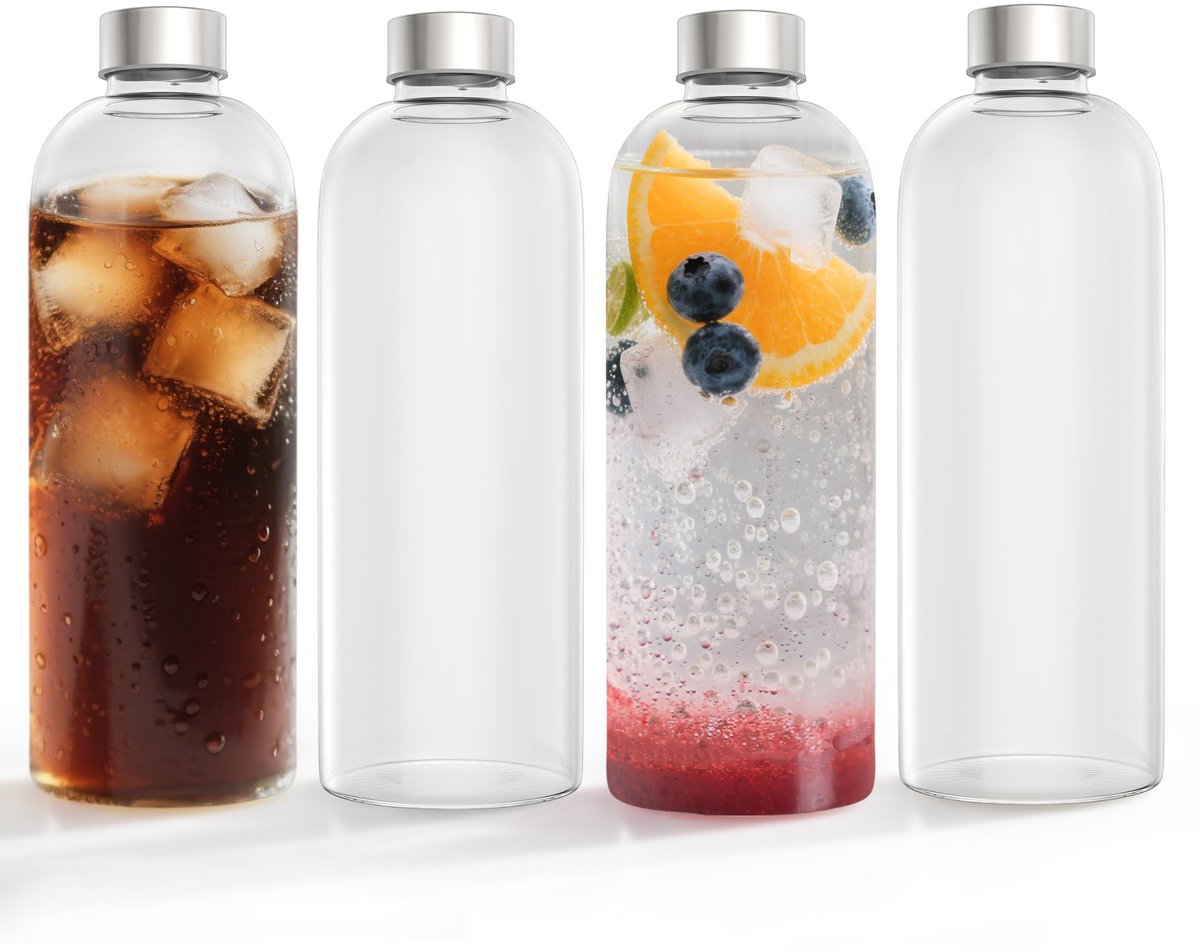 4er Set 1000ml Glastrinkflessen Met Edelstaaldeksel - Uitlopersecure, Gebruikbaar In De Vaatwasser, Voor Warme & Koude Dranken, Water, Sap, Smoothie