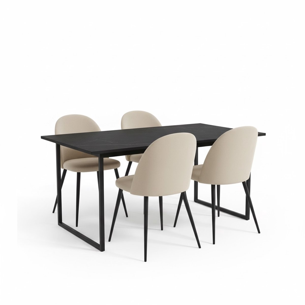 Tilst eethoek eettafel zwarte marmerprint 90x160 4 stoelen velours beige.