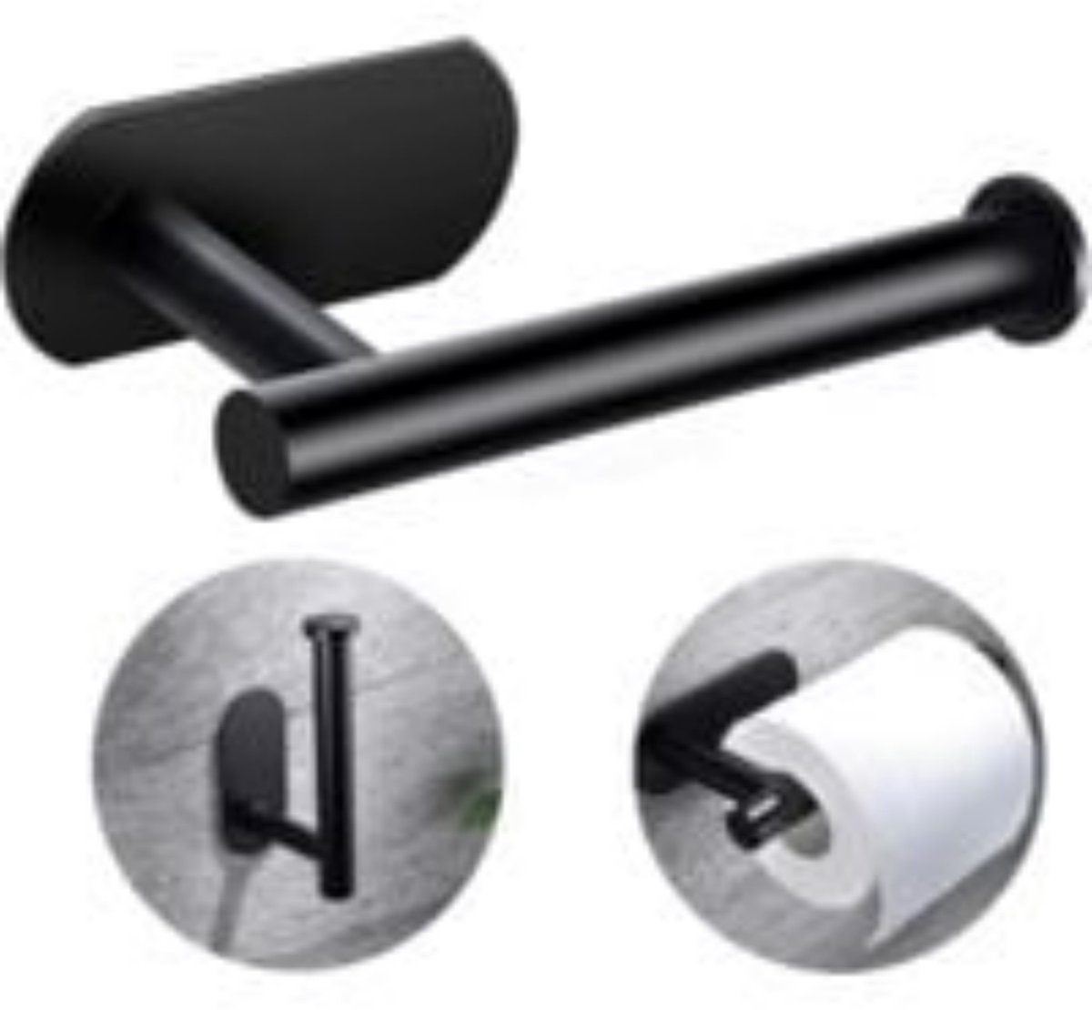 EXCITAT Toiletrolhouder - Toiletrolhouder zonder boren - Wandgemonteerde toiletrolhouder - Geschikt voor keuken en badkamer - Zwart - Roestvrij staal