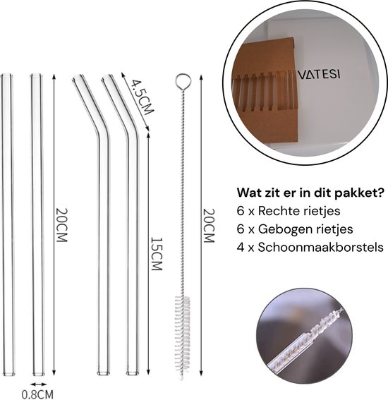 Pailles en Verres réutilisables - Avec brosses de nettoyage - Pailles en Glas - Pailles à cocktail - Transparentes - Lot de 12