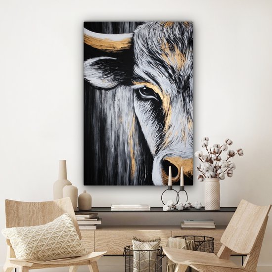 Tableau sur toile 80x120 cm - Décoration murale exclusive Taureau - Cornes - Museau - Or - Décoration murale salon - Décoration chambre - Accessoires chambre - Peintures sur toile