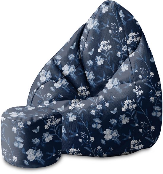 DreamRoots Velvet Zitzak voor Volwassenen – Luxe Beanbag met Voetsteun en Afneembare Hoes – Inclusief Vulling – 70x70x105 cm - Blue Botanical
