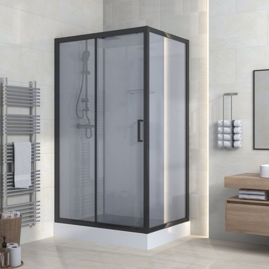 Cabine de douche complète MARANI avec porte coulissante – 110 x 80 x 225 cm – Zwart – Verre fumé Grijs – Réversible