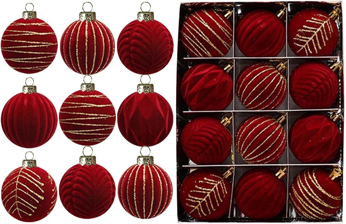 12 Boules De Noël En Velours Pailleté 8 Cm - Décorations Sapin Incassables (bordeaux) - Pour Fêtes, Mariages, Anniversaires