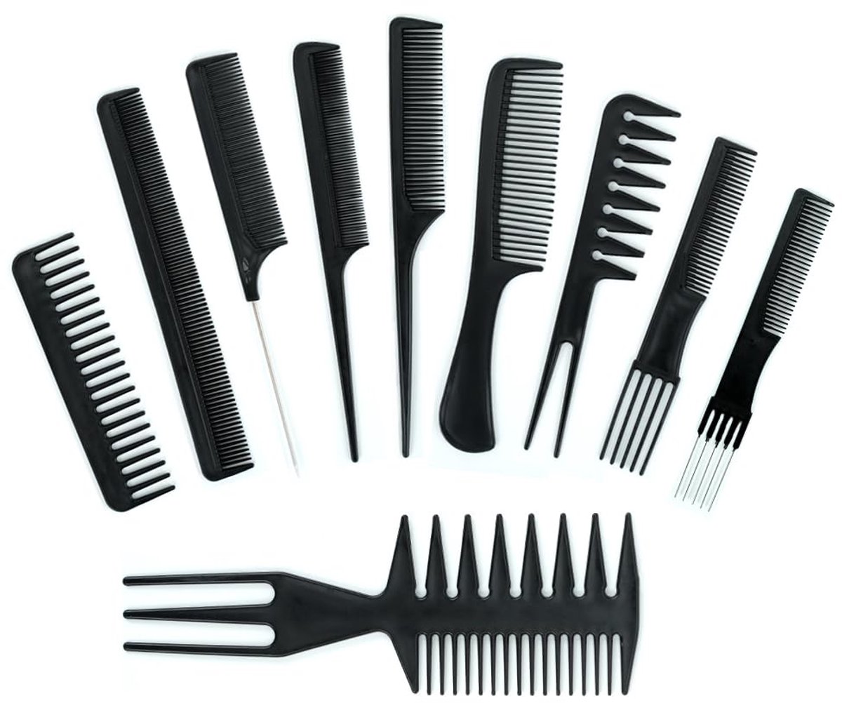 Professionele Haarkam Set - Voor Styling en Drogen - Anti-Static, Geschikt voor Alle Haartypes - Ideaal voor Kappers, Stylisten en Thuissagebruik - Zwart - 10 Stuks