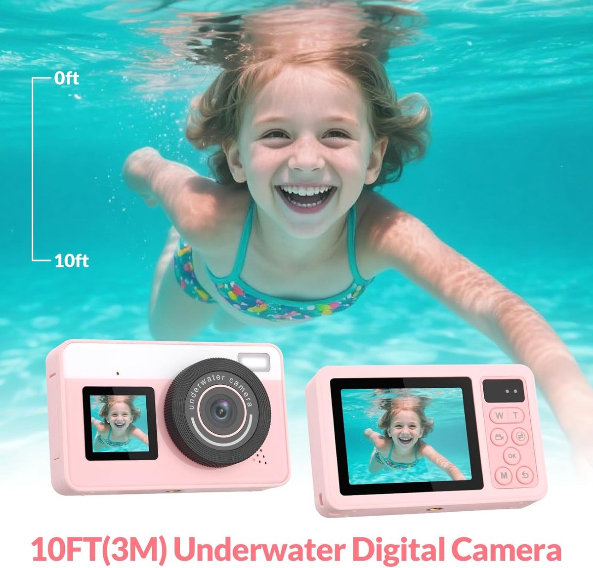 Onderwatercamera 10FT waterdichte camera snorkelen, compacte drijvende digitale camera voor kinderen, tieners, volwassenen, surfen, zwemmen en kajakken, roze thumbnail 5
