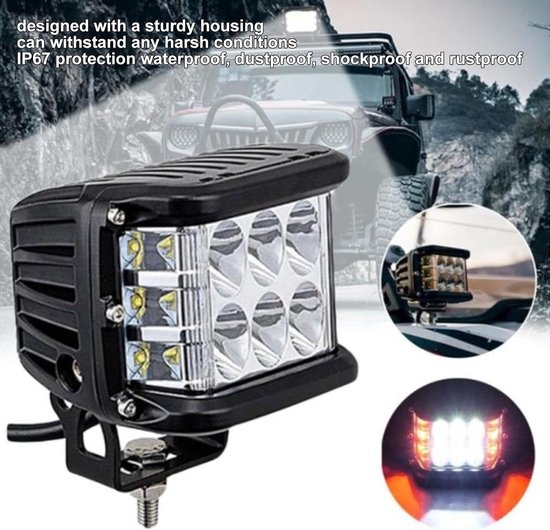 Zwarte LED-lamp met acht reflectoren en vier oranje LED's, gemonteerd op een off-road voertuig.