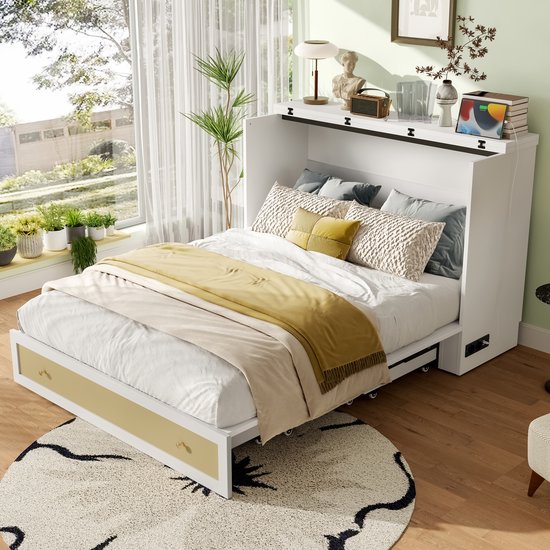 Opklapbed 140 X 200 Cm Met 2 Lades En Plank Aan Het Hoofdeinde Van Het Bed Grenenhout En Mdf Usb Aansluiting Wit Opklapbed 140 X 200 Cm Met 2 Lades En Plank Aan Het Hoofdeinde Van Het Bed Grenenhout En Mdf Usb Aansluiting Wit