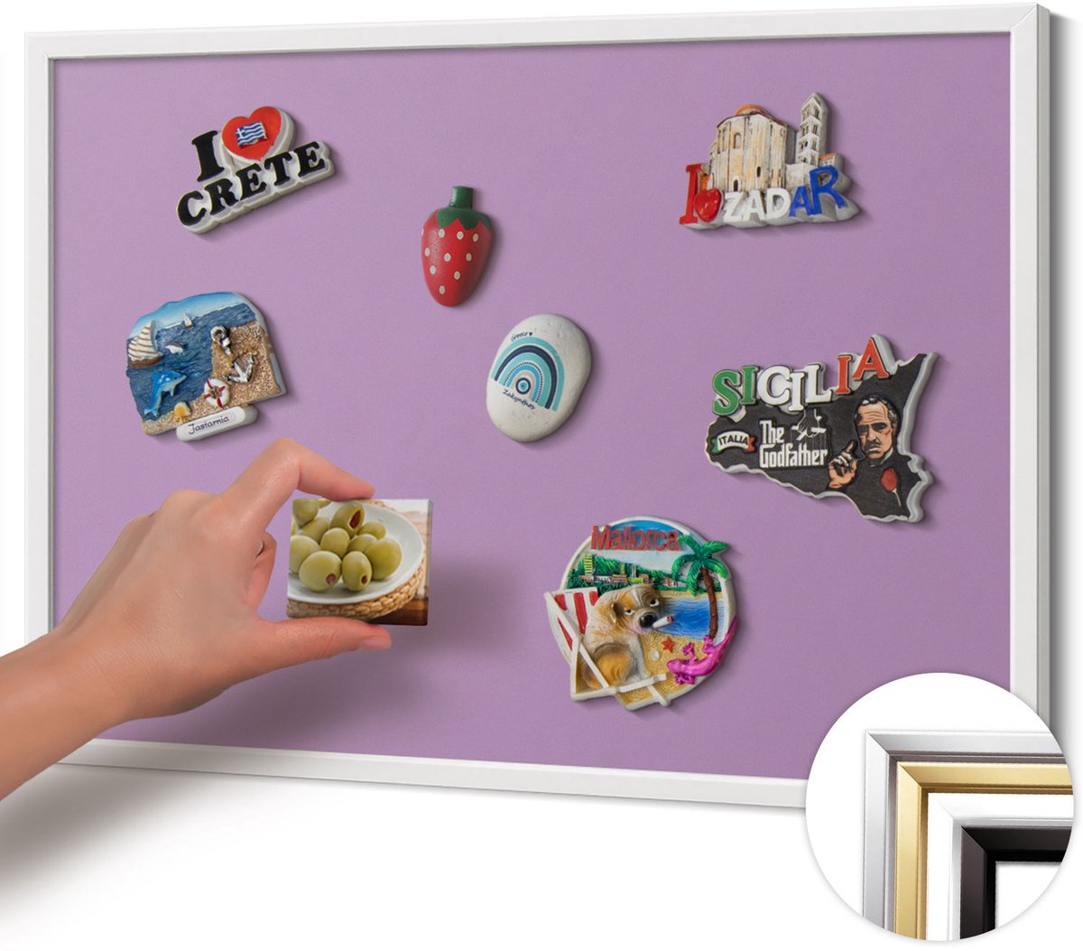 Wallfluent - Paars Magnetisch Bord in Verschillende Kleuren - 60 cm x 40 cm - Magneetbord met Witte Frame - Pastelpaarse kleur - Design Magneetbord met Frame - Memobord voor Keuken - Magnetisch Bord Muurbevestiging
