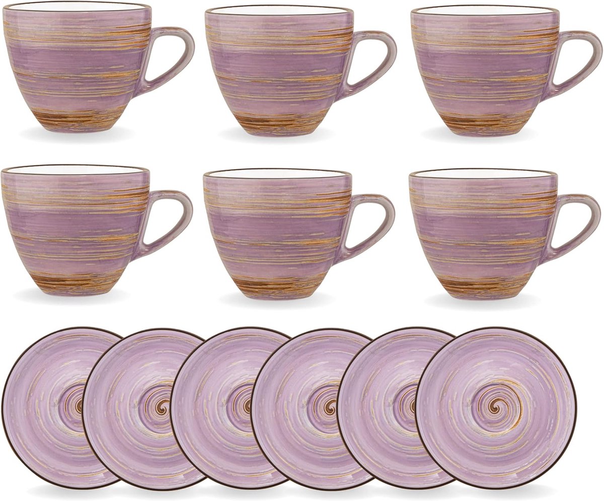 Wilmax - Spiral Kopjes met Schoteltjes – Set van 6 – 300 ml
