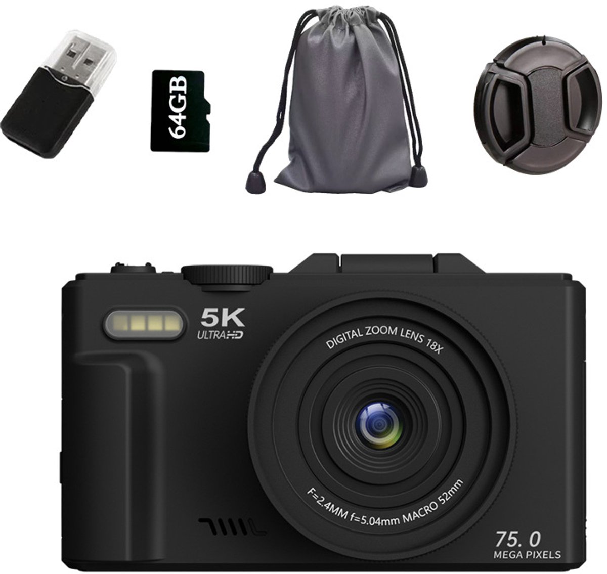 Appareil Photo Numérique 5K 75MP – Vlogging WiFi, Zoom 18x, Écran Rotatif 180°, Carte 64GB Incluse – Idéal Débutants, Voyages, YouTube, Selfies