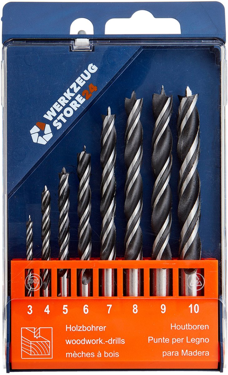WS24 Houtboren set 3 - 10 mm cilindrisch 8 stuks in kunststof kof...