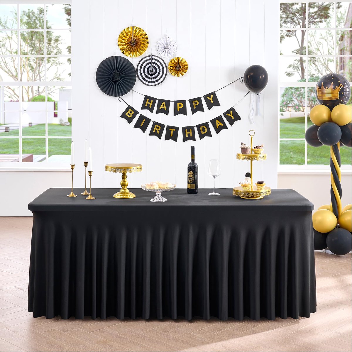 Ibenzoa® Elastisch zwart tafelkleed met rok voor rechthoekige tafels van 180 cm