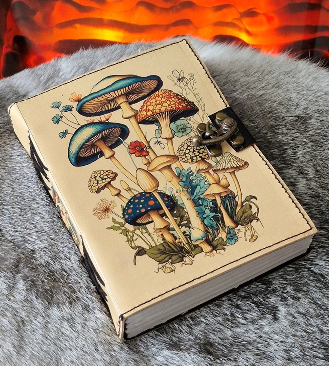Leren Dagboek Magische Paddenstoelen - Lere Journal Magic Mushrooms - 18 x 13cm - Handgemaakt - Mooie UV-print