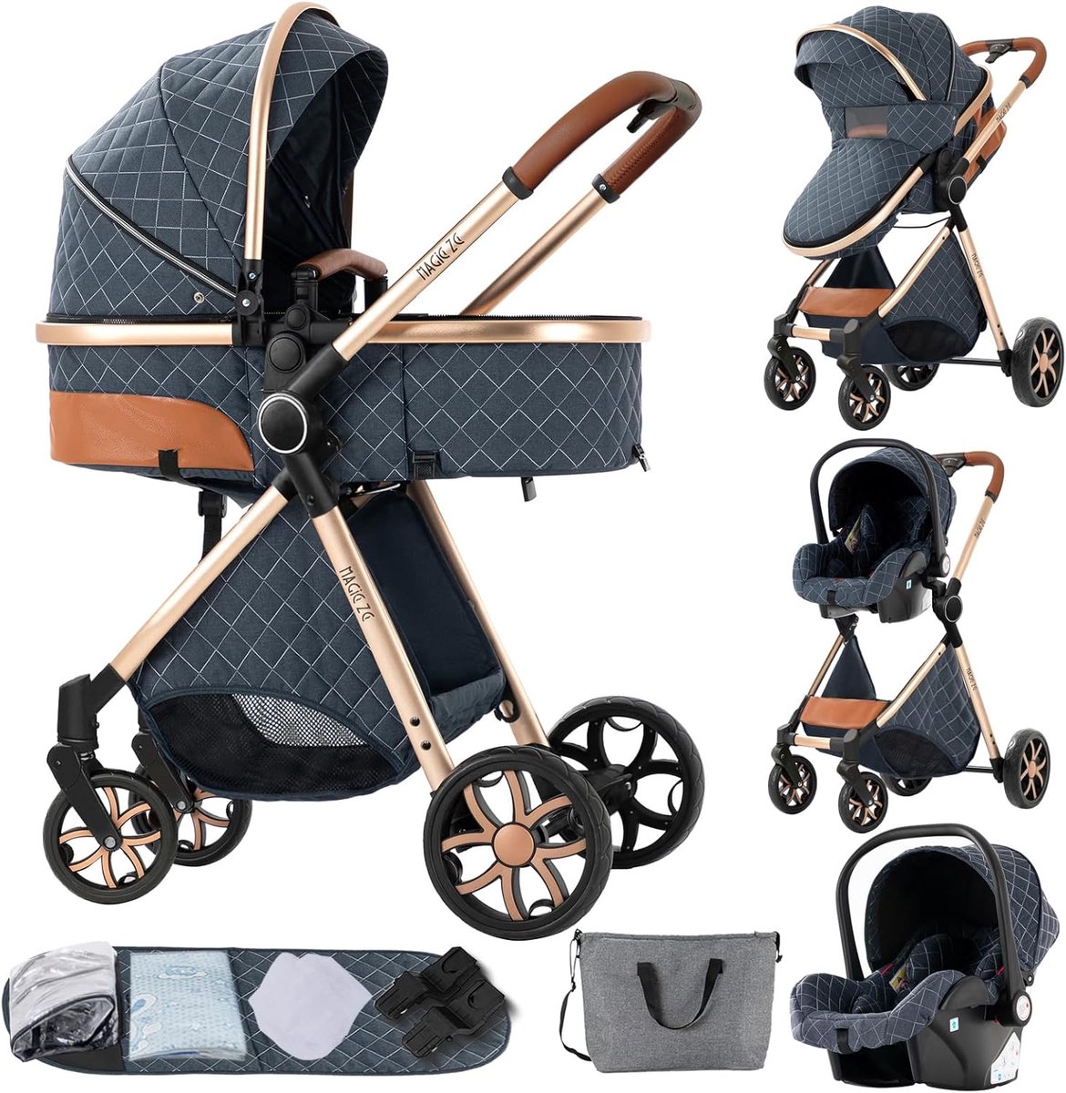 Image of 3-in-1 Kinderwagen met Omkeerbare Duwstang en Opvouwbaar Design