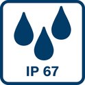 Pictogram van drie blauwe druppels en 'IP 67' in een blauw kader.