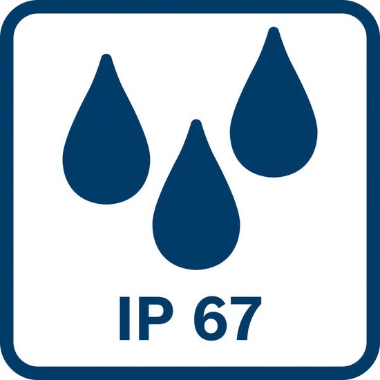 Pictogram van drie blauwe druppels en 'IP 67' in een blauw kader.