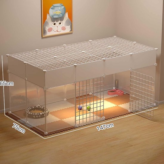 Kattenkooien voor binnen, kattenkooi met kattenbak, doe-het-zelf kattenbox, grote oefenplaats, ideaal voor katten (afmetingen: 107x47x112cm met wielen