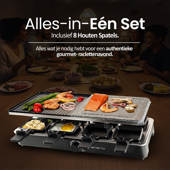 Emerio Gourmet-Steengrill - Raclettegrill - 1400W - 8 Personen - Indicatielampje - Regelbare thermostaat - Half Steengrill/Half Grillplaat - Incl. 8 Houten Spatels + Pannetjes - RG-110035 Zwart — afbeelding 5
