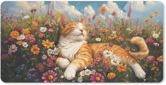 Tapis de bureau 80 x 40 cm - Tapis de souris Chat - Fleurs - Détente - Tapis de bureau XL - Protection de bureau - Tapis de souris Ordinateur
