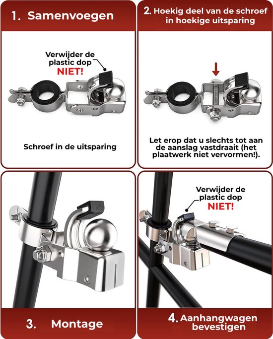 Stapsgewijze montagehandleiding voor de fietskarbevestiging.