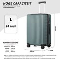 Afmetingen van de lichtgroene koffer: 66cm hoog, 44cm breed, 27cm diep. Inhoud 65L.