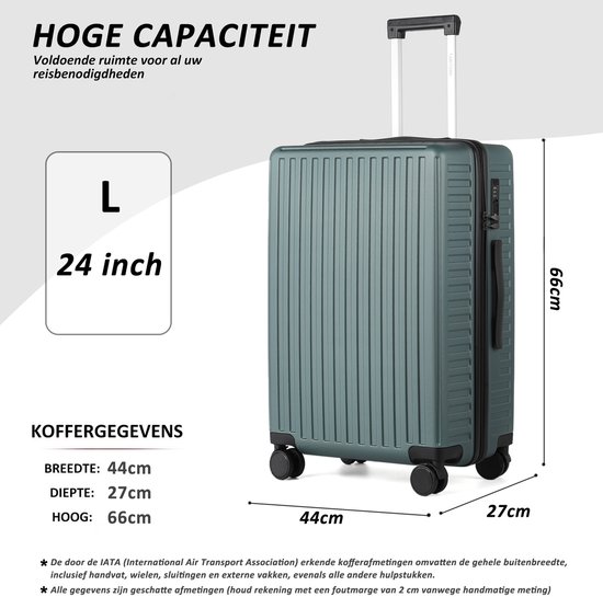 Afmetingen van de lichtgroene koffer: 66cm hoog, 44cm breed, 27cm diep. Inhoud 65L.