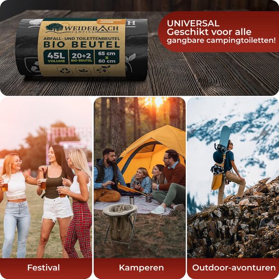 Weidebach 22 stuks biologisch afbreekbare toiletzakken van 45 liter voor campingtoilet - 100% waterdicht - noodgevallen-toiletzak voor alle gangbare campingtoiletten van WEIDEBACH® — afbeelding 3