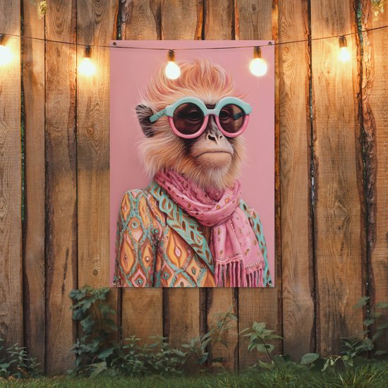 Affiche de jardin 80x120 cm - Décoration de jardin Foulard - Singe - Lunettes de soleil - Veste - Affiche pour le jardin - Décoration extérieure - Tableau de jardin clôture - Décoration murale en tissu de jardin - Décoration murale en tissu de balcon
