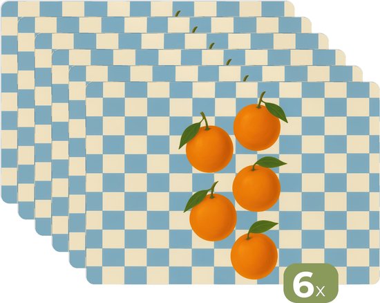 Placemats - 6 stuks - 45x30 cm - Placemat kunststof - Sinaasappels - Blaadjes - Geblokt - Blauw - Borden onderleggers - Decoratie voor op tafel - Keuken tafeldecoratie accessoires - Vinyl onderlegger - Tafelversiering