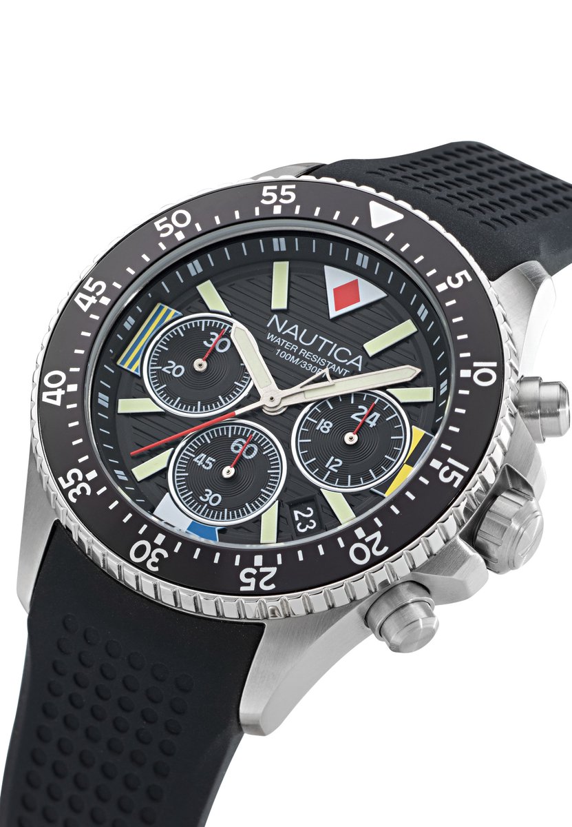 Nautica Wesport Kwarts Analoog Horloge Zwart Case: 100% Stainless Steel + Aluminum | Armband: 100% Silicone 44 mm NAPWPS301