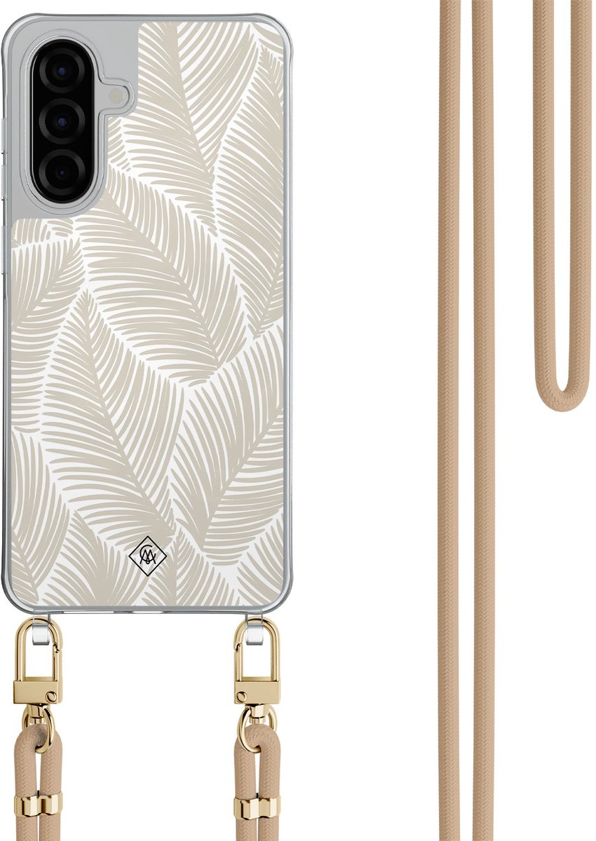 Casimoda® hoesje met beige koord - Geschikt voor Samsung A56 - Palm Leaves Beige - Afneembaar koord - TPU/polycarbonaat - Bruin/beige