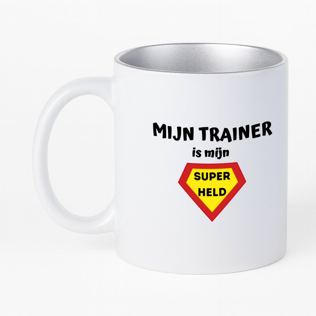 Hacebo® - mijn trainer is mijn superheld koffiebeker met zilver kleurige binnenkant - Trainer - super trainer - thee mok - koffie beker - sport - verjaardag - cadeautje voor trainer - trainer artikelen - kado - geschenk - koffiemok - 330 ML