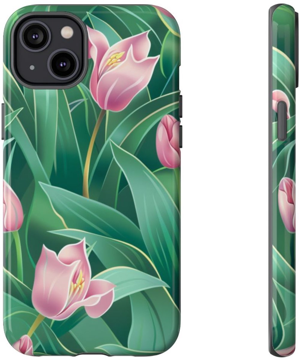Roze Tulp Bloemenpatroon – Telefoonhoesje Geschikt voor iPhone 14 Plus