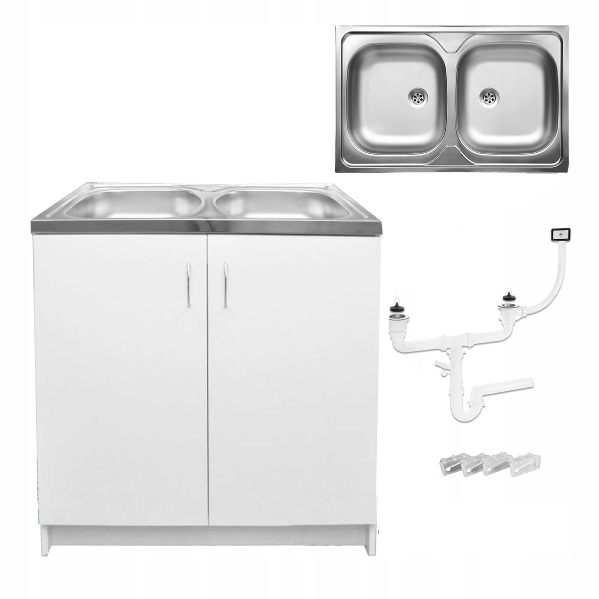 STAMAR Keukenonderkast 80 cm met 2-baks RVS spoelbak en sifon - wit