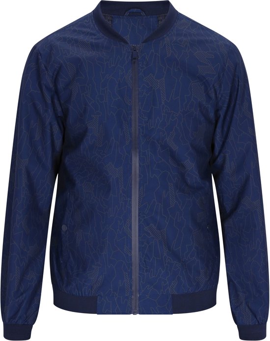 Donkerblauw bomberjack met geometrisch patroon, opstaande kraag, geribde boorden en een ritssluiting.