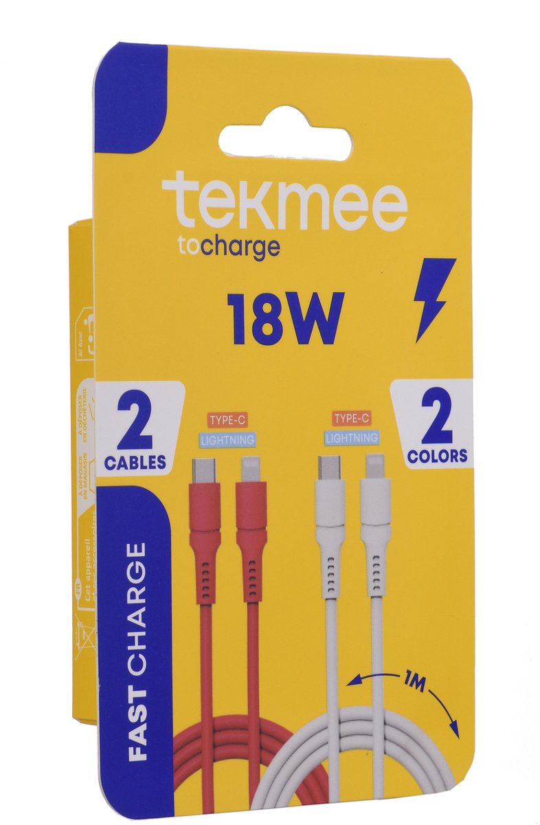 Tekmee Oplaadkabel Set – USB-C naar Lightning Kabel – 18W Snelladen – 2 Stuks – 1m
