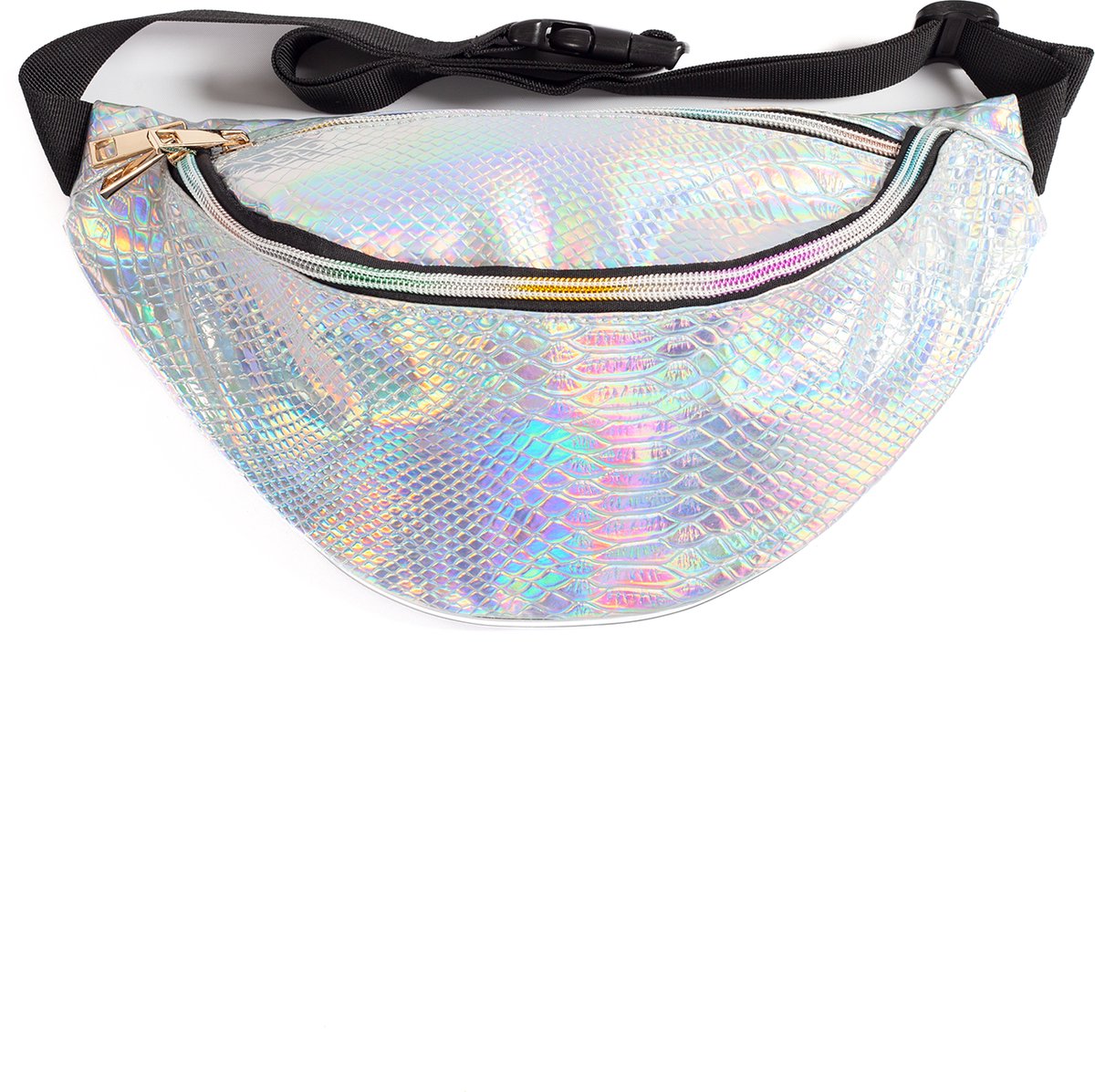 KIMU® Grote Holografische Zilver Heuptas Breed Slang - Fanny Pack Met Twee Vakken - Zwarte Band - Tasje Heuptasje Lederlook Reptiel Festival